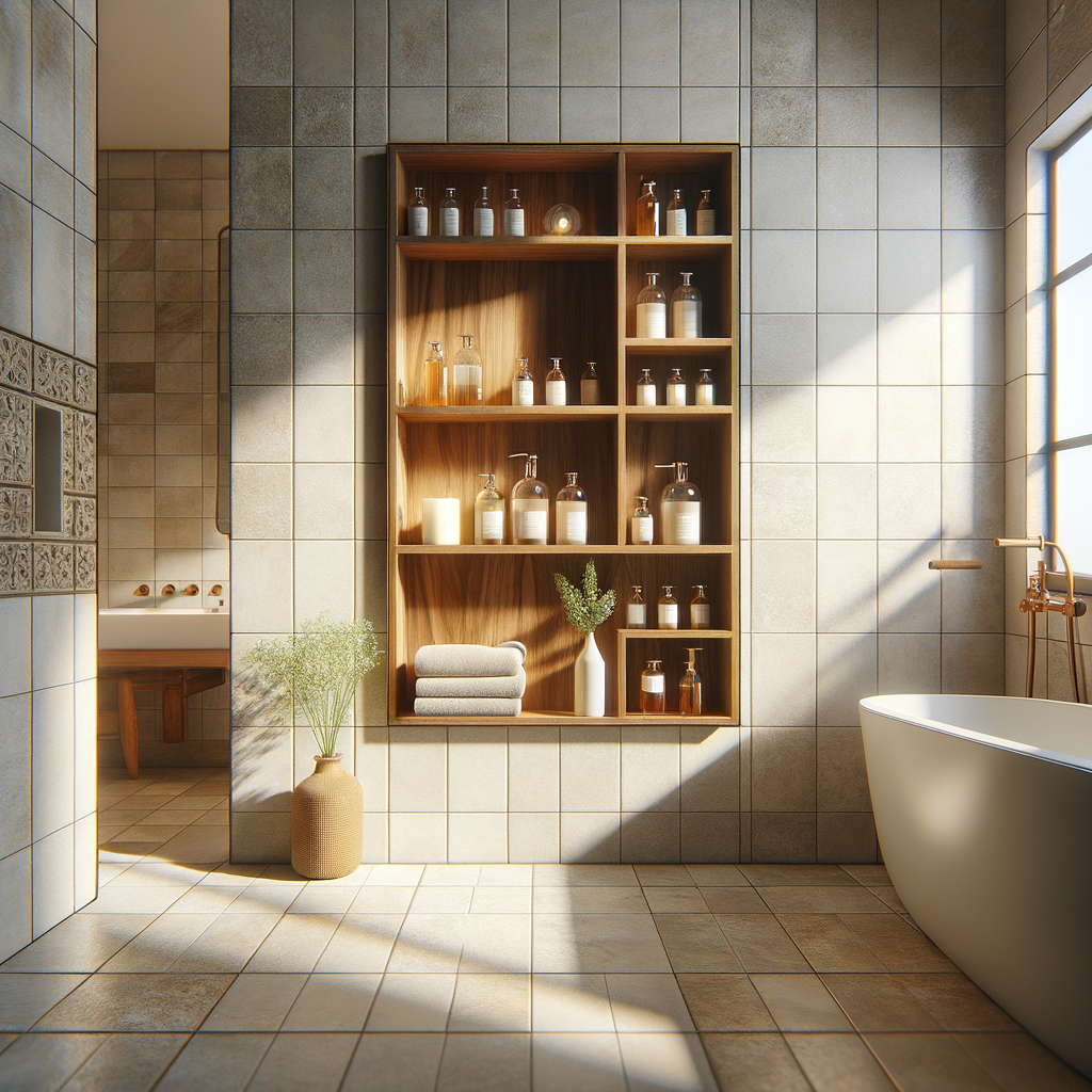 Decoración de hornacinas en baño con elementos naturales