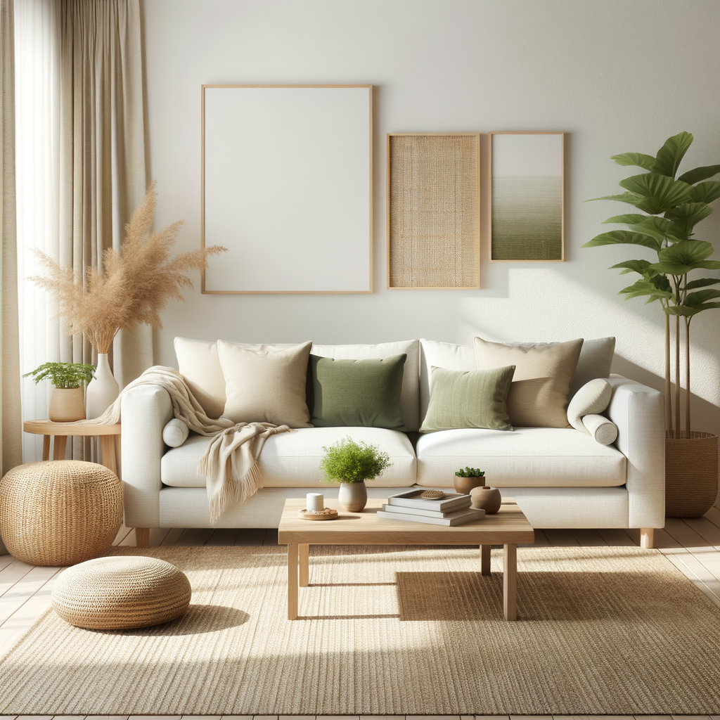 Detalles de accesorios minimalistas en decoración natural de salón
