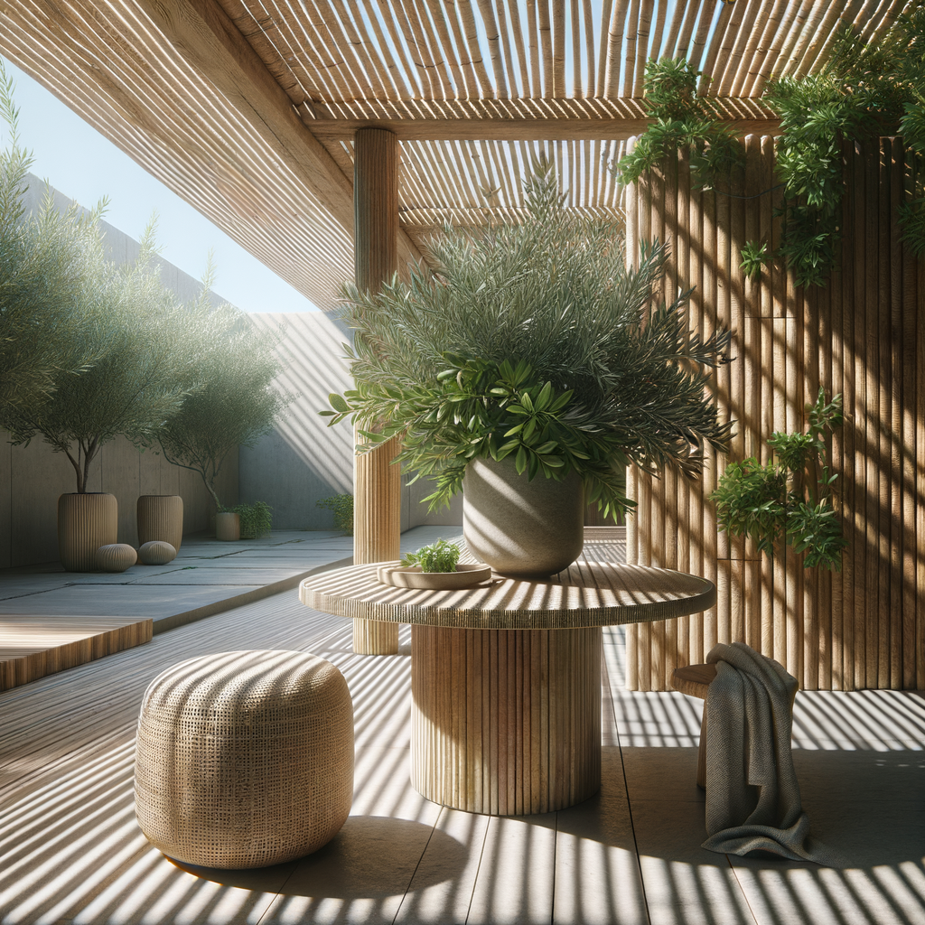 Terraza con sombra natural y elemento de agua