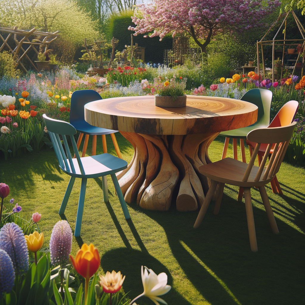 Combinando mesas de madera con el jardín para la primavera