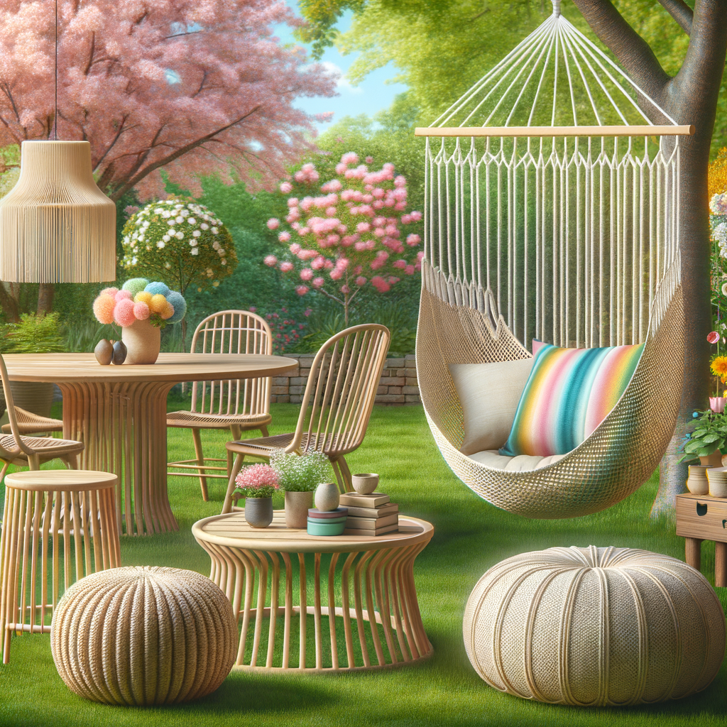 Hamacas plegables y sillones colgantes en jardín para primavera