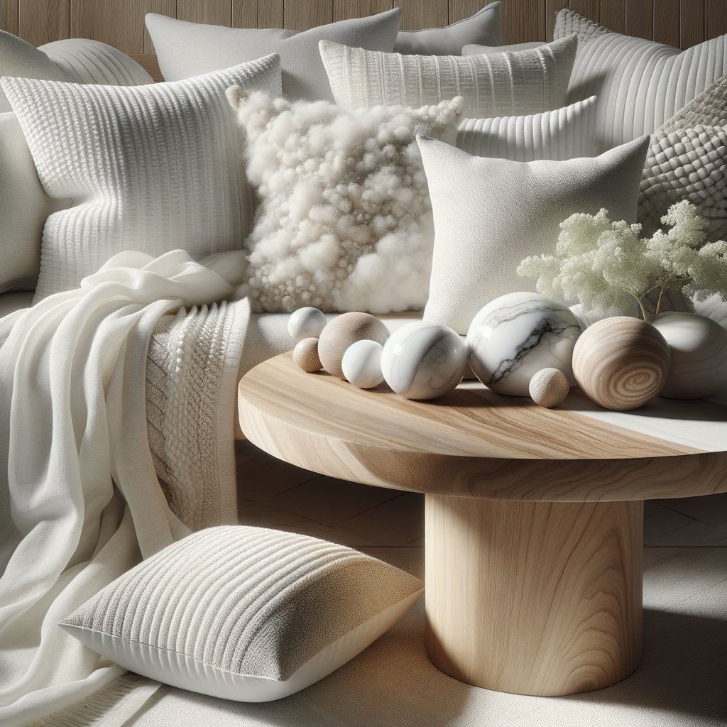 Detalle de cojines y tapicería en la decoración de tonos blancos