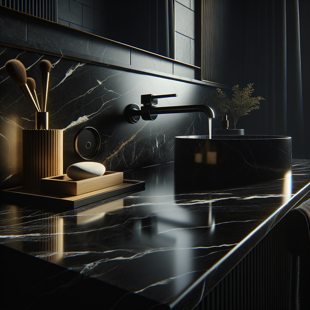 Mármol negro proporcionando contraste elegante en el baño